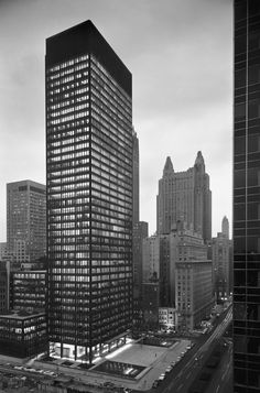 black and white photograph of skyscrapers in new york city