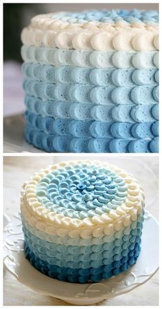 the cake is decorated with blue and white icing