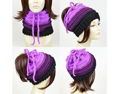 three pictures of a woman's hat and scarf on top of a mannequin head