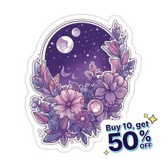 a sticker with flowers and moon in the night sky, on a white background