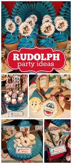 a collage of pictures showing different types of party foods and decorations for rudolph the reindeer birthday party