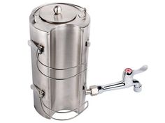 a large stainless steel container with two handles on the front and one handle on the back