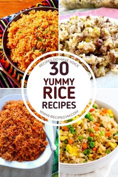 different types of yummy rice in bowls and on plates with text overlay that reads 30 yummy rice recipes