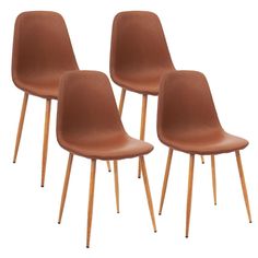 four brown chairs with wooden legs on a white background