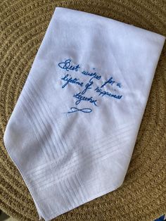 Handwritten custom message keepsake embroidered handkerchief. Classic white hemmed ends cotton handkerchief.   Send a clear picture of the note that you would like to have embroidered.  The message can be between 1 - 30 words. Choose thread color from the drop-down menu. Material: Premium Cotton Size: Approximately 16 " x 16" Qty: Each towel is sold separately. Care Instructions - For best results, machine wash with like colors on a gentle wash cycle on a warm water setting, do not bleach, and t Handkerchief Wedding, Embroidered Handkerchief, Wedding Handkerchief, Remembrance Gifts, Wedding Anniversary Gift, Greenville Sc, Wedding Favours, Wedding Anniversary Gifts, Classic White