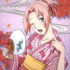 an anime character with pink hair holding a fan and looking at the camera while standing in front of leaves