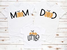 'Tis the season for all things pumpkin.  Get a shirt for yourself or style the whole family to match! T-shirt is unisex and made with soft, breathable and lightweight fabric. CARE: - Wash inside out with like colors - Tumble dry low or hang to dry - Non-chlorine bleach only - Do not iron or dry clean SIZE AND FIT: Your shirt will be printed on a high-quality, soft and comfortable unisex t-shirt. Sizes run true to size, which takes the guesswork out of ordering; if you like your t-shirts loose or oversized, you might want to order a size up and if you'd like a more fitted women's style then order a size down. RETURNS AND EXCHANGES: Because the shirts are made to order we do not accept any returns. Please double check your sizing and color choice carefully for errors. If there is any issue w Casual Family T-shirt For Fall, White T-shirt For Fall Family Matching, Mom And Dad Shirts, Dad Shirts, Matching Tees, Fall Baby, Pumpkin Shirt, Dad To Be Shirts, Mom Dad