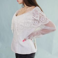 Scott McClintock Sportswear Deadstock NWT Vintage 80s Blouse! White bridal top with embroidered flowers, sheer sleeves and fold over top with lace applique details, plastic boning, and button closure up the back! Size 14 made in the USA!Bust: 41"Waist: 36" White Long Sleeve Tops With Lace Sleeves, Elegant Spring Mesh Top With Lace Sleeves, White Lace Top With Sheer Sleeves For Parties, White Long Sleeve Tops With Sheer Sleeves, White Long Sleeve Top With Sheer Sleeves, Spring White Lace Top With Sheer Sleeves, White Lace Top With Sheer Sleeves For Spring, White Sheer Long Sleeve Lace Top, White Lace Mesh Top For Party