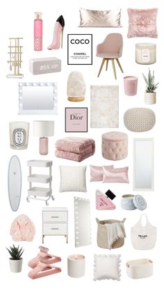 a collage of pink and white items