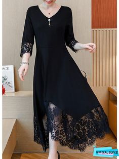 Fit And Flare A-line Dress With Lace Trim, Elegant Dress With Lace Trim And Asymmetrical Hem, Fall A-line Dress With Lace Trim, Plus Size Black Dresses, Elegant Casual Dress, Women's A Line Dresses, Maxi Long Dress, Evening Dresses With Sleeves, Plus Size Black