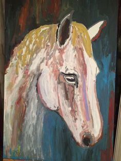 a painting of a white horse on a black background with red, yellow and blue colors