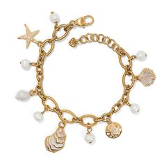 Freshwater potato pearls and golden charms create an array of seaside treasures that will dangle from your wrist and bring coastal beauty to all your looks. The chunky chain brings modernity to the design. Golden Bracelet, Pearl Charm Bracelet, Dangle Bracelet, Classic Aesthetic, Royal Jewels, Bracelet Ideas, Funky Jewelry, Pearl Charms, Girly Jewelry