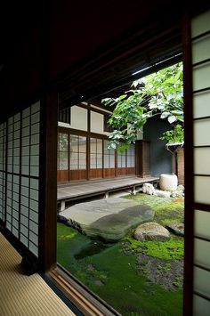 an empty room with green grass and rocks in the floor, looking out onto a small pond