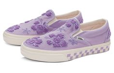 Vans Emma Mulholland on Holiday x Classic Slip-On 'Whimsical Floral Embroidery' VN0A5JMH6GL (SNKR/Skate/Casual/Unisex/Low Top) Purple Vans, Tenis Vans, Vans Store, Sneakers Vans, Purple Shoes, Vans Slip On, Vans Shop, New Sneakers, Vans Sneakers