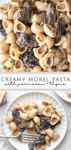 two plates filled with pasta and mushrooms on top of a white marble countertop next to silverware