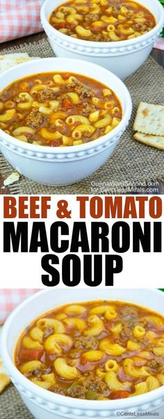 beef and tomato macaroni soup in a white bowl