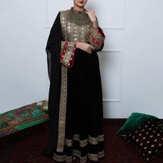 Traditional Large Velvet Black Afghani Long Dress With Scarf, New, Not Worn. Full Length 58” Sleeves Length 22 1/2” Velvet Wedding Dress, Afghani Dress, Dress With Scarf, Dresses Traditional, Pakistani Style, Afghan Clothes, Chiffon Scarf, Space Opera, Family Wedding