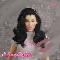 a woman with long black hair holding a pink frisbee in front of a tiled wall