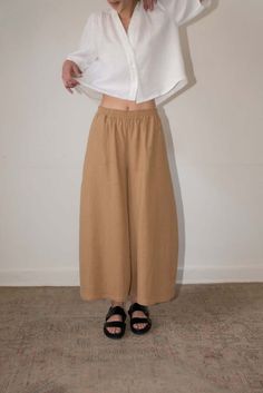 Zii Ropa Kono Pant - Almond Baggy Wide Leg Flax Pants, Beige Linen Wide-leg Harem Pants, Beige Linen Wide-leg Pants, Mode Casual, Elastic Band, Almond, Wide Leg, Relaxed Fit, Elastic