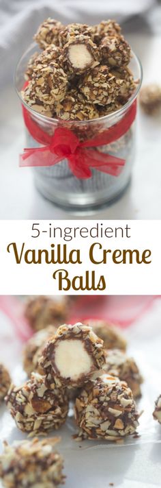 homemade vanilla creme balls in a glass bowl with red ribbon on top and text overlay that reads, 5 ingredient vanilla creme balls