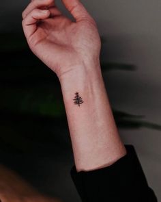 a person's wrist with a small pine tree tattoo on the left side of their arm