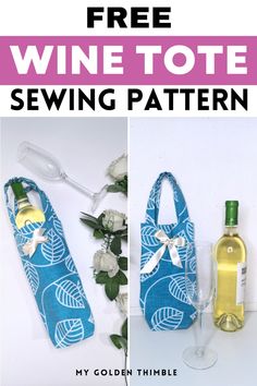 wine tote sewing pattern with two bottles and one bottle in the middle, on top of