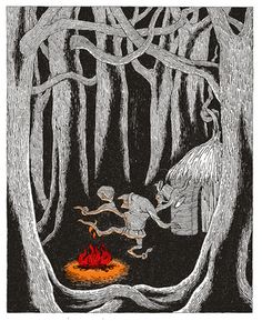 a drawing of two people jumping over a fire in the woods with trees around them