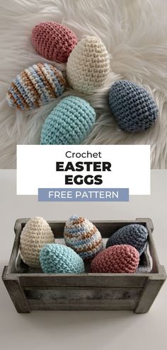 crochet easter eggs in a basket with text overlay