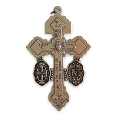 a cross with three crosses on it and two medallions hanging from the front side