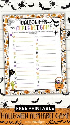 halloween alphabet game with pumpkins, bats and spider web on the page for free printable