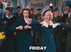 a man and woman dancing in front of a crowd with the words friday on it