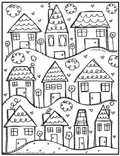 a black and white drawing of houses with hearts