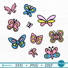 colorful butterfly cliparts on white paper with blue, yellow and pink butterflies in the background