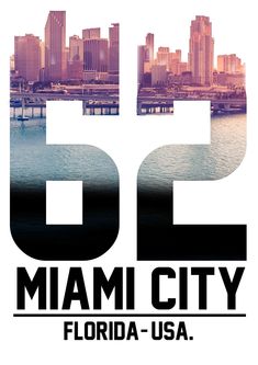 the miami city logo is shown in front of a large body of water with tall buildings behind it