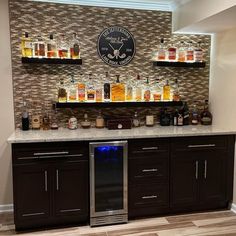 Floating Shelves Over Wet Bar, Lighted Shelves Bar, Floating Shelves Basement Bar, Wine Bar With Floating Shelves, Floating Liquor Shelves Home Bars, Home Bar Back Wall Ideas, Light Up Bar Shelves, Bar Shelves With Lights, Bar Themed Kitchen