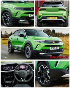 the green car is driving down the road in four different pictures, and it's all ready to be driven