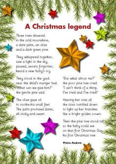 a christmas legend poem with colorful stars in the middle and green pine branches around it