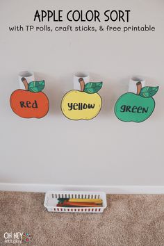 three apples and two oranges with the words apple color sort on them in front of a white wall