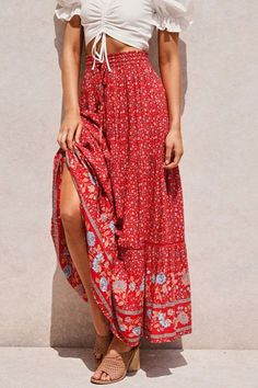 Debra's Passion Boutique Bohemian ditsy flowers print casual summer maxi skirt with layered tiered accents. Floral print border, lace insets. Lightweight, elastic waist, decorative tie, no pockets. Perfect! Color: Red Sizes: S-M-L Waist 28-30-32 approximate sizing, Length 37 approximate 100% Rayon, imported U2/YC032 Moda Safari, Trip Fits, Spain Style, Boho Whimsical, Bohemian Maxi Skirt, Boho Styl, Border Lace, Elastic Skirt, Umbrella Skirt