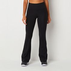 This pair of Xersion EverUltra women's high-rise yoga pants is a must-have for active days. Cut from soft fabric featuring UV protection, 4-way stretch, plus QuickDri and anti-odor technology for more durable wear, this pull-on style also has a comfortable elastic waistband, a flare-leg silhouette, and offers light support. Style with a tank top or t-shirt.Front Style: Flat FrontFeatures: Quick DryClosure Type: Full ElasticFit: Regular FitRise: High RiseSupport: Light SupportFiber Content: 87% P High Rise 4-way Stretch Bottoms For Sports, High Rise 4-way Stretch Sports Bottoms, High-rise 4-way Stretch Sports Bottoms, Athletic Fit Full-length Yoga Pants For Gym, Mid-rise Go-dry Pants For Gym, Athletic Fit Full Length Yoga Pants For Gym, High Waist Go-dry Yoga Pants For Sports, Athleisure Full-length Sports Bottoms, Mid-rise Go-dry Gym Pants