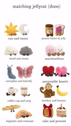 the different types of stuffed animals are shown in this poster, which shows them'names