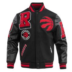 a black jacket with red trims and logos on the front, featuring a basketball team's logo