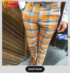 Men's Trousers Chinos Slacks Pencil Jogger Pants Side Pockets Plaid Checkered Lattice Stretch Soft Daily Wear Office Party Fashion Streetwear Black White Stretchy Trendy Slim Fit Pants For Summer, Fitted Orange Pants For Summer, Fitted Orange Summer Pants, Summer Party Dress Pants, Orange Party Trousers, Fitted Orange Straight Pants, Fitted Multicolor Ankle-length Pants, Black Plaid Pants Mens, Mens Brown Plaid Pants