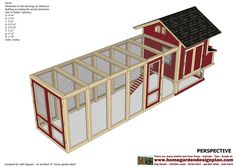 a chicken coop is shown with the door open and windows on it's side