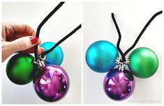 two pictures of different colored ornaments being held by a woman's hand, one is green and the other is purple