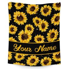 yellow sunflowers on black background with your name printed on the back wall tapestry