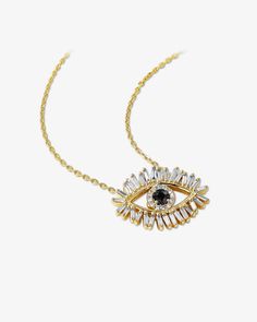 Handcrafted from 18-karat gold, this pendant is a contemporary interpretation of the ancient evil eye symbol. Featuring a 3mm round black sapphire center stone for the eye, it is beautifully encircled by baguette and round white diamonds. Details 18k yellow gold 3mm round black sapphire center stone, 0.18 carats 0.41 carats of baguette and round white diamonds Measures 18" inches in length, adjustable at 16" inches Lobster clasp fastening 20x15mm dimensions Ref: AKN158 Black Diamond Jewelry With Diamond Eyes, Elegant Black Evil Eye Jewelry, Gift Black Necklace With Diamond Eyes, Gift Black Necklaces With Diamond Eyes, Evil Eye Symbol, White Diamond Necklace, Eye Symbol, Black Sapphire, Sapphire Pendant