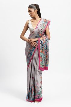 Moon grey saree featuring geometric mosaic print, embellished with crystal detailing. Comes with a running blouse piece. - Aza Fashions Satya Paul, Geometric Mosaic, Grey Saree, Gray Silk, Printed Sarees, Blouse Piece, Aza Fashion, Silk Satin, Blouses For Women