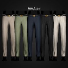 four men's pants in different colors and sizes