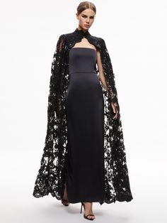 Luxury Cape Evening Dress For Party, Fitted Evening Gown With Cape, Fitted Cape Gown For Evening, Luxury Cape Evening Dress, Embellished Cape Gown For Party, Elegant Maxi-length Party Cape, Elegant Maxi Length Party Cape, Fitted Evening Cape, Elegant Embellished Evening Cape